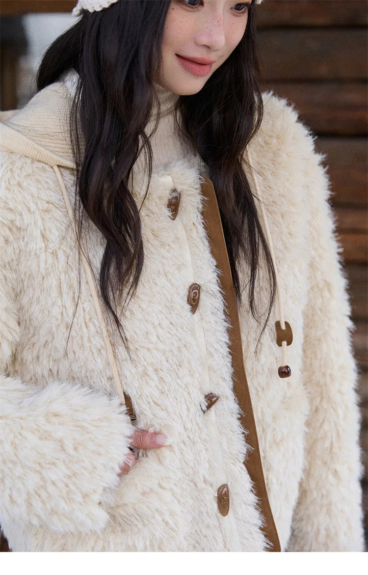 MISHOW Beige Knitted Hooded Plush Coat Warm Windproof MXE86W0908