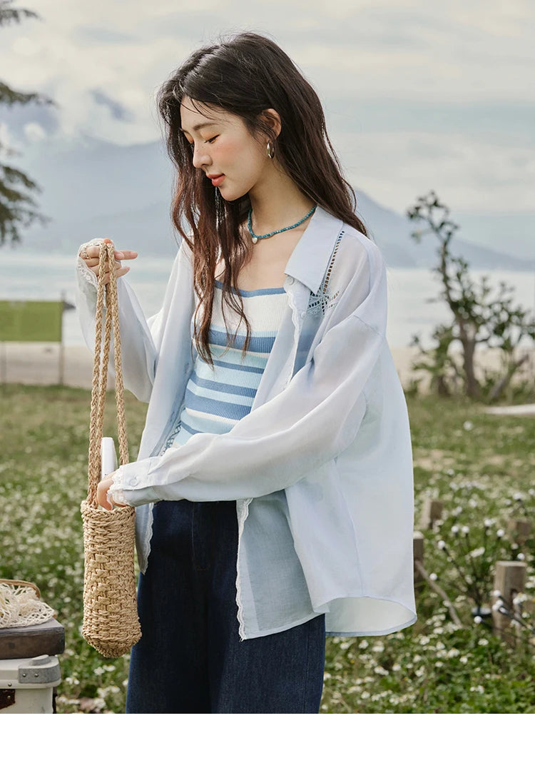 MISHOW Blue Hollow Embroidery Blouse Long Sleeve MXE31C0775