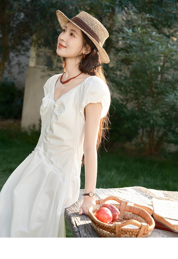 Mishow V-Neck Puff Sleeve Solid Vacation Dress MXE39L2384