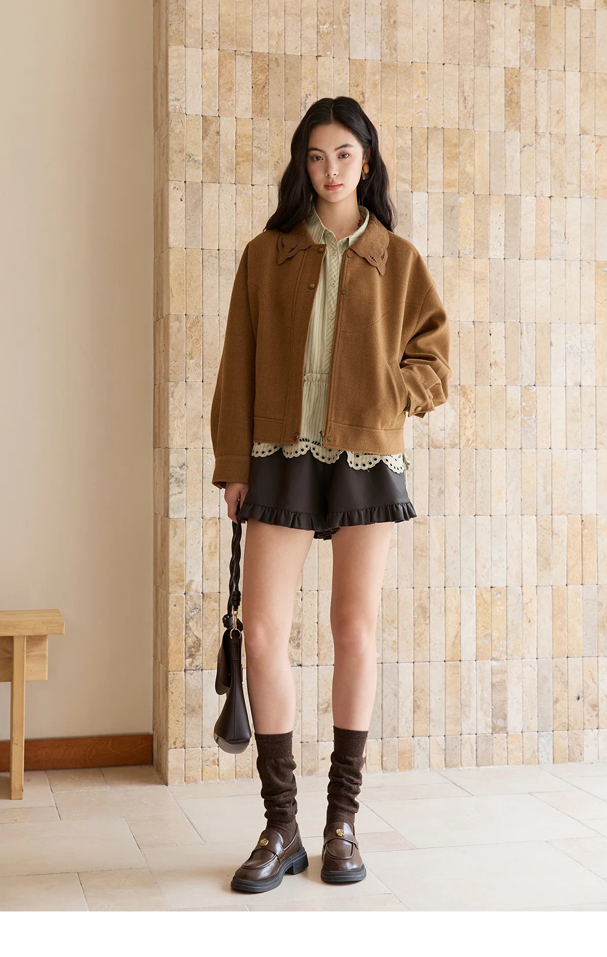 Mishow Brown Hollow Out Embroidery Woolen Coat MXE49W0856