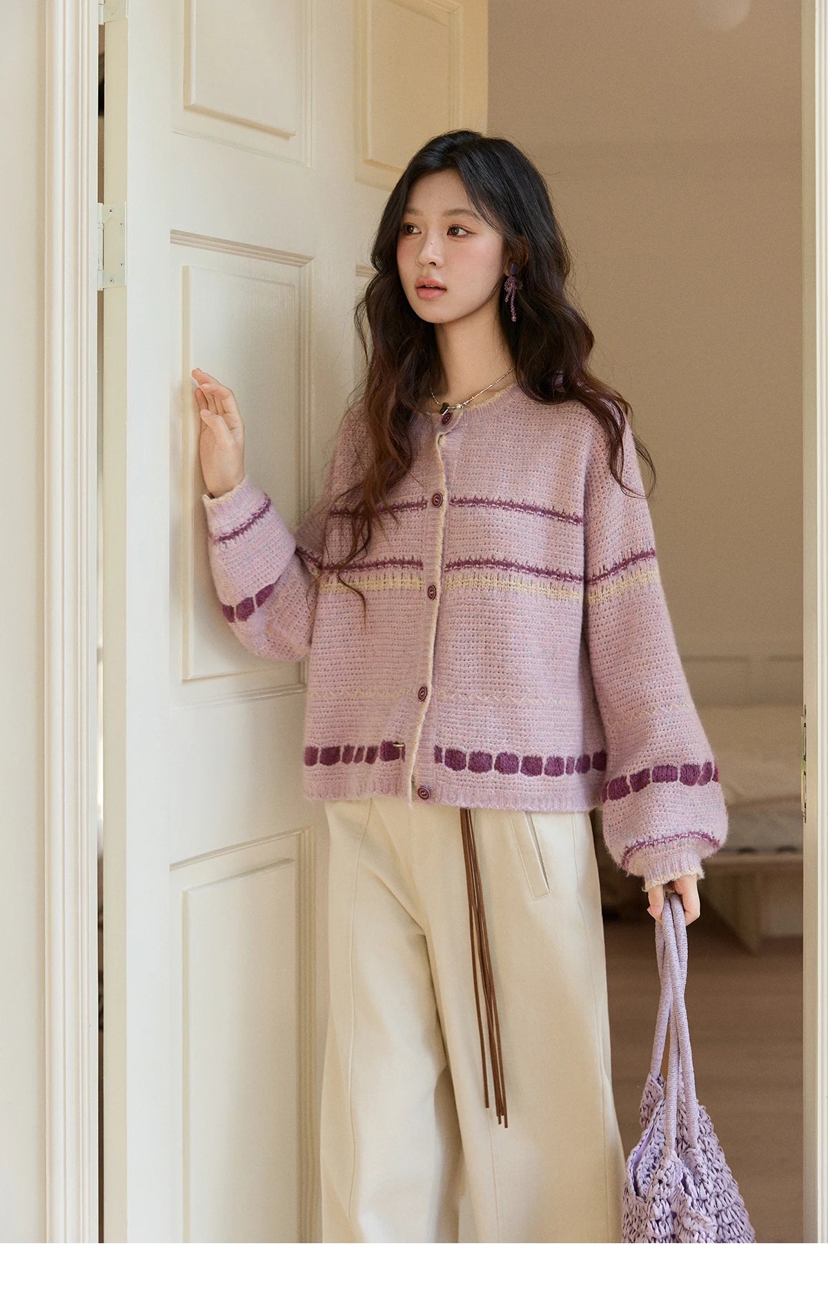 Mishow Lilac Striped Dot Crew Neck Cardigan MXF11Z2897