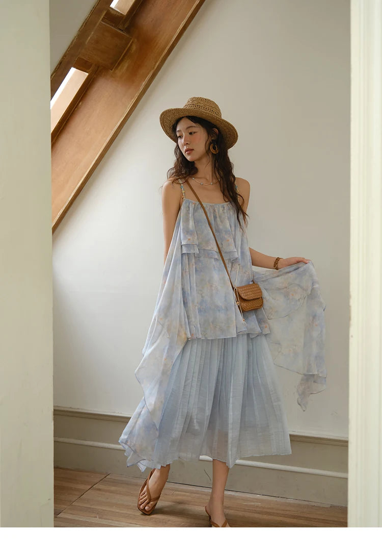 Mishow Print Strap Multi Layer Ruffle Dress MXE35L2233