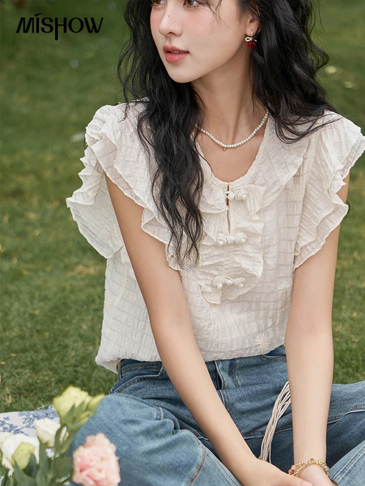 MISHOW Chinese Button Up Blouse Flying Sleeve with Camisole MXD21X1374