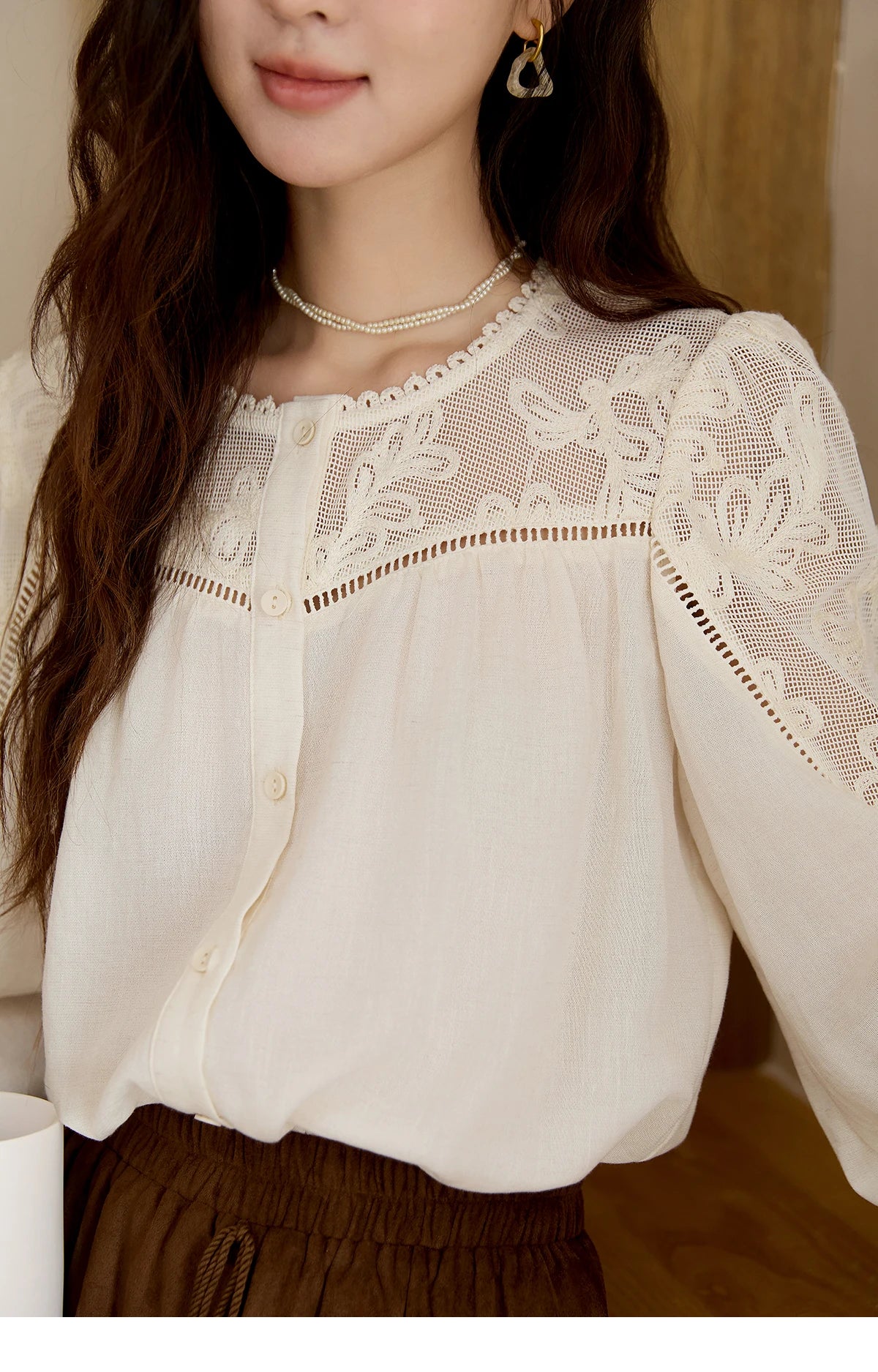 MISHOW Beige Hollow Out Embroidery Shirt O-Neck MXE44X2498