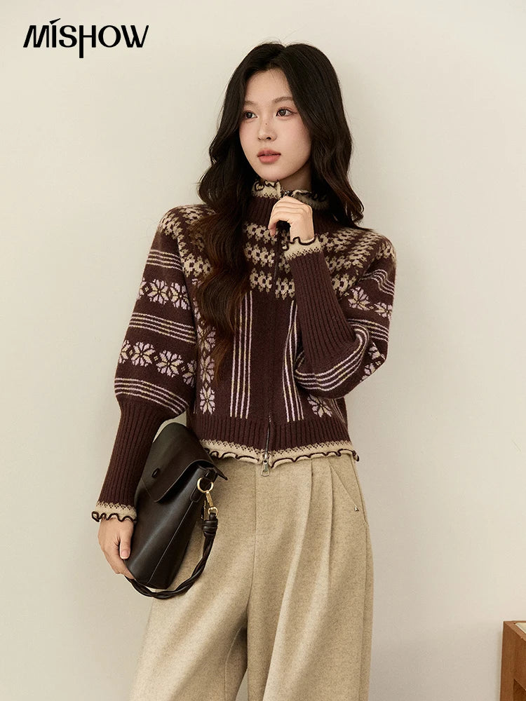 Mishow Brown Fair Isle Lantern Sleeve Zipper Top MXE91Z2868