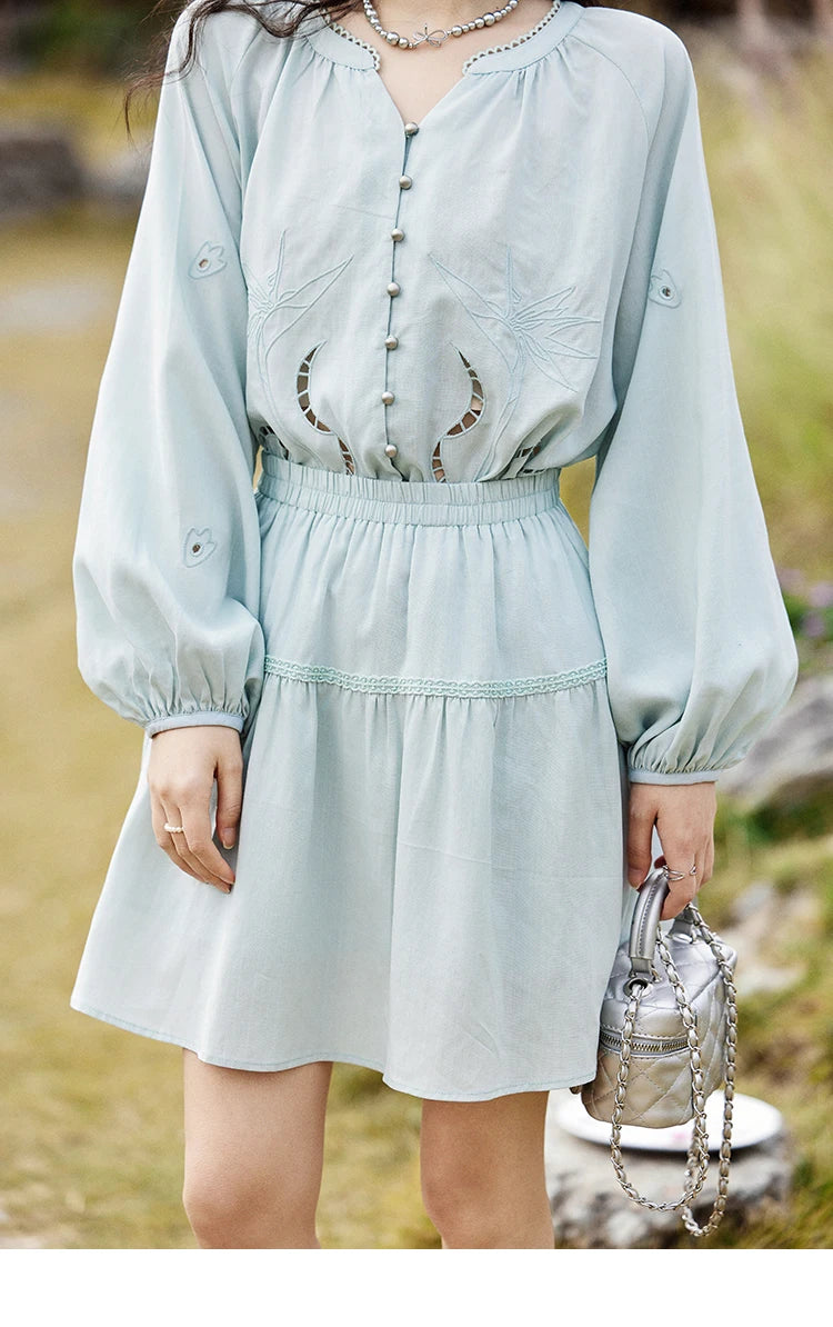 Mishow Vintage Hollow Embroidery Blouse & Solid A-Line Skirt Set MXE12T0455