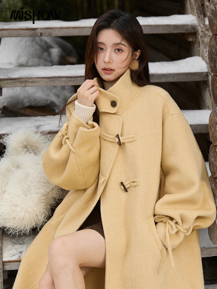 Mishow Yellow 100% Wool Double-Faced Turtleneck Coat MXE51W0902