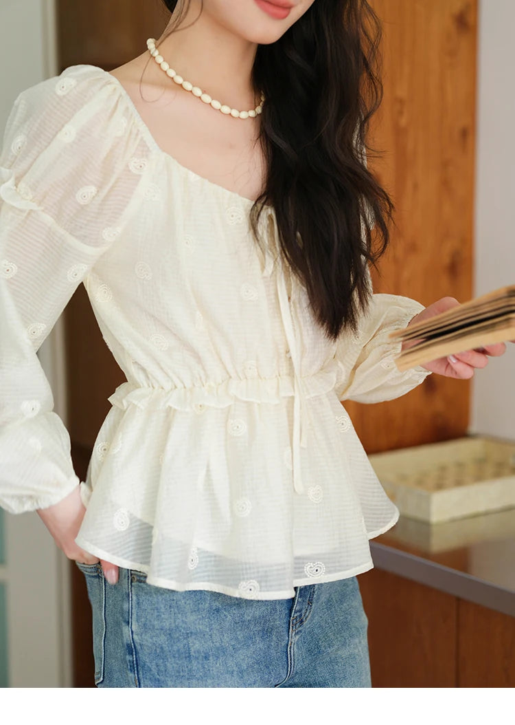 MISHOW Cashew Flower Embroidered Blouse V-Neck Lace Up Puff Sleeve MXE41X1945