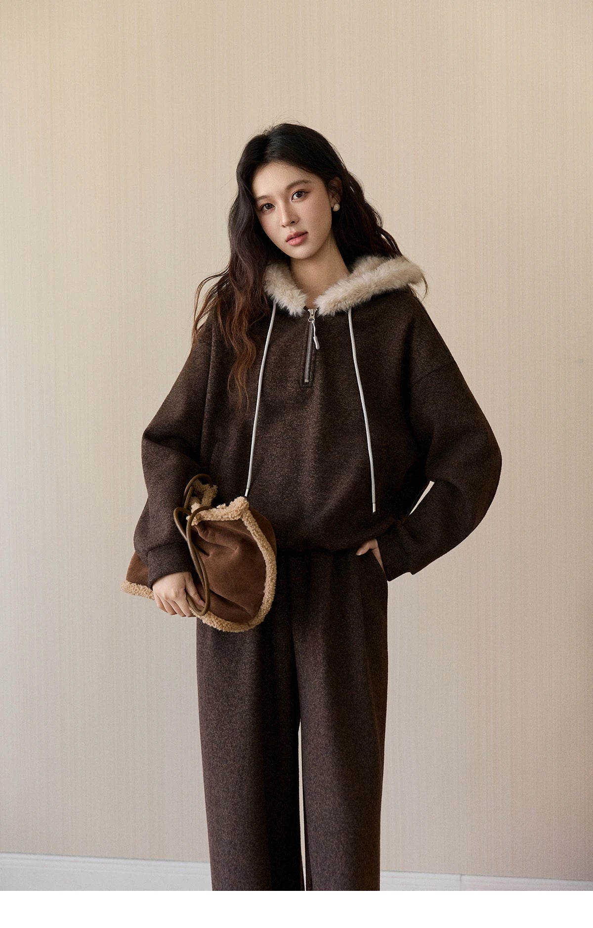 Mishow Brown Faux Fur Hood Sweatshirt & Wide Leg Pants Set MXE94T1476