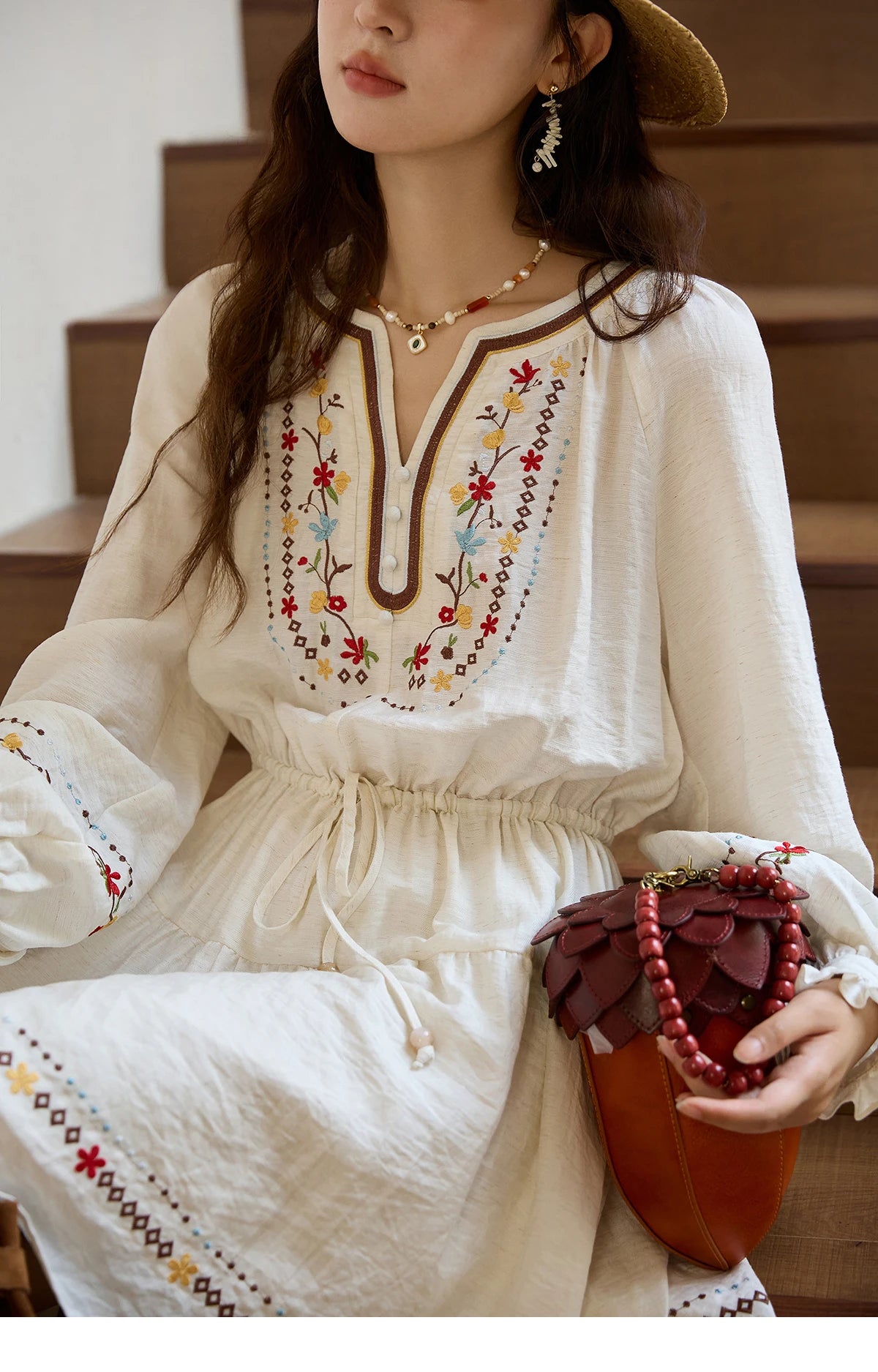 Mishow V-Neck Embroidered Drawstring Bohemian Dress MXE44L2489
