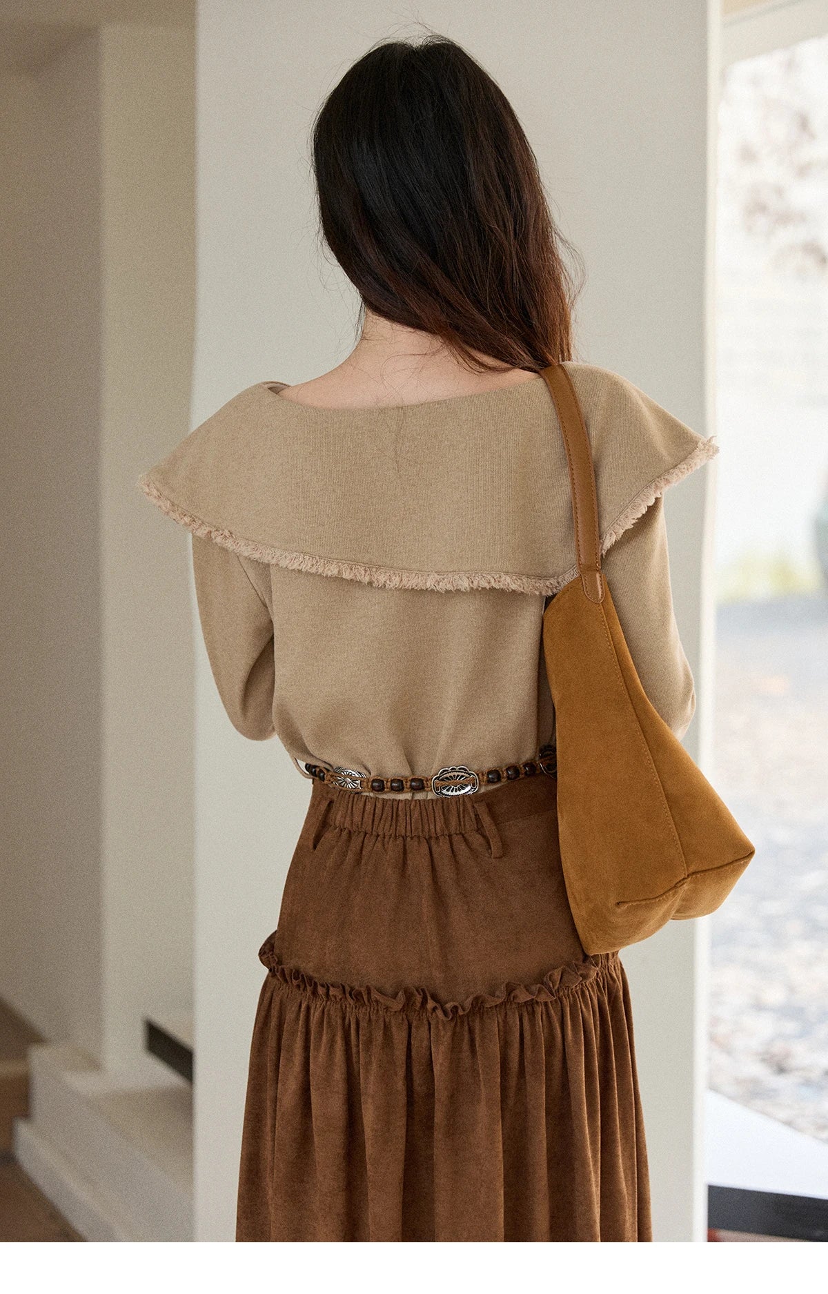 Mishow Retro Brown 3D Flower Decoration Round Neck Top MXE51Z2593