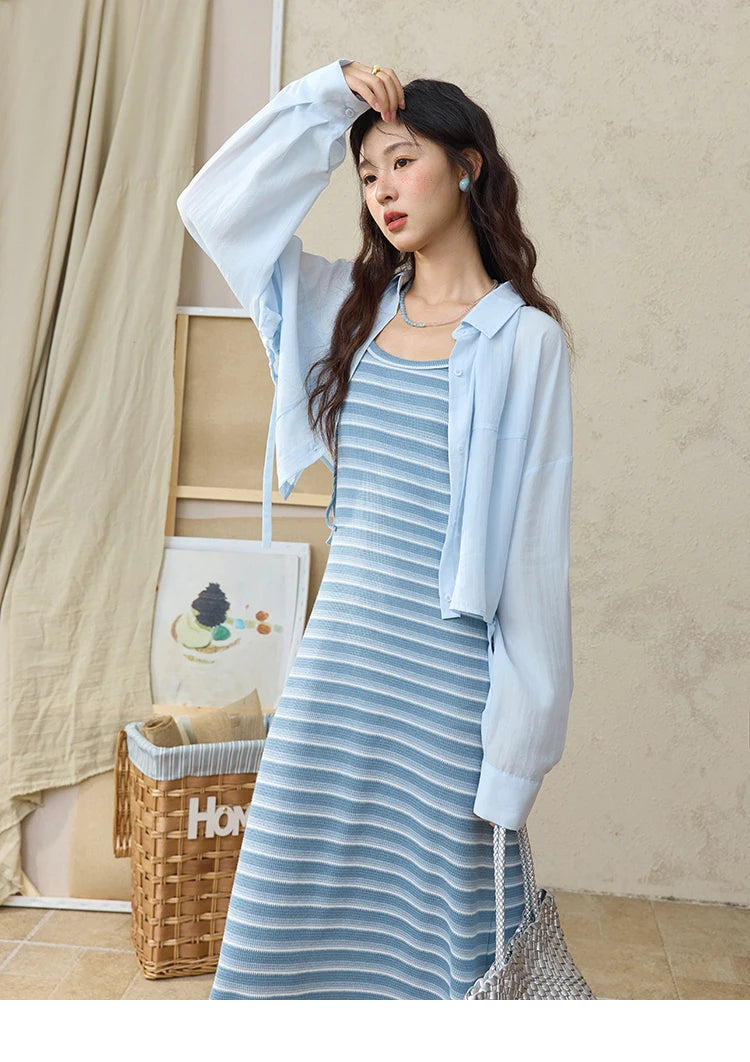 Mishow Blue Striped Camisole Dress & Lyocell Shirt Set MXE34L2285