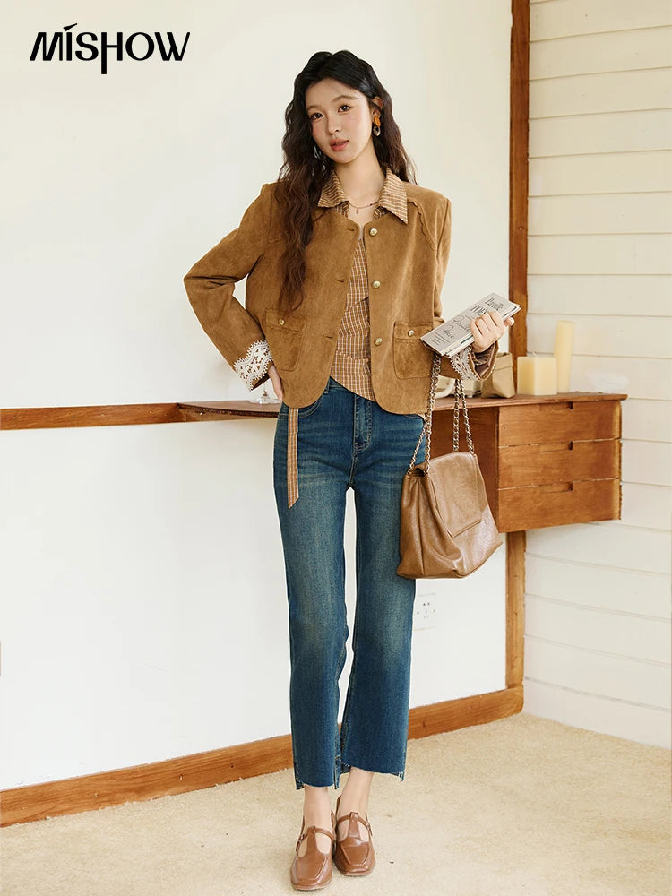 MISHOW Fragrant Suede Jacket Cuffs Hollowed Out Lace Metal Button MXE46W0839