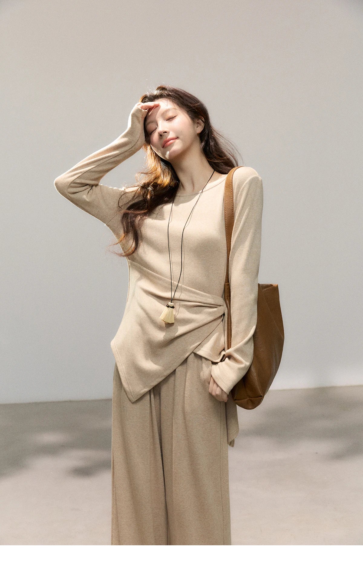 Mishow Khaki Asymmetrical Hem Top & Wide Leg Pants Set MXF11T1465