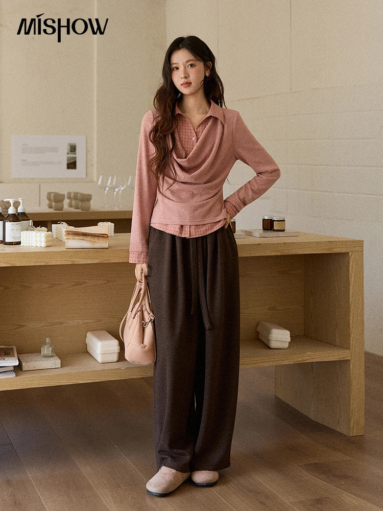 Mishow Pink Faux Two-Piece Plaid Draped Collar Pullover MXE87Z2747