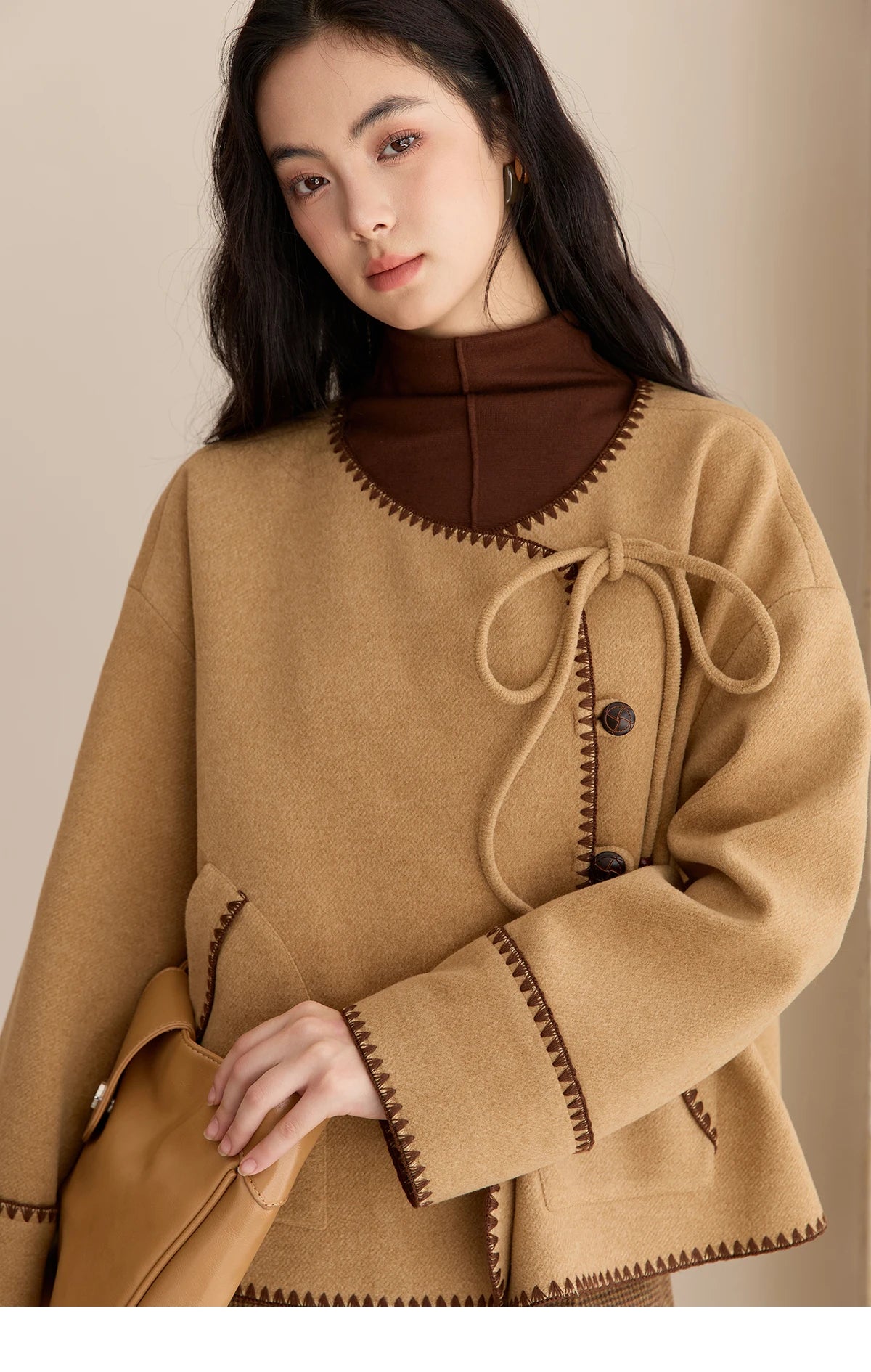 Mishow Apricot Stand Collar Slim Top with Detachable Cuffs MXE49Z2532