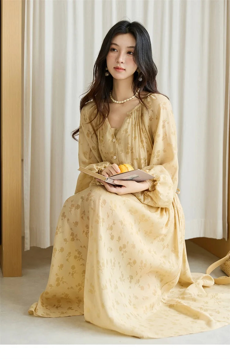 MISHOW Yellow Print Lace Lantern Sleeve Dress MXE47L2527