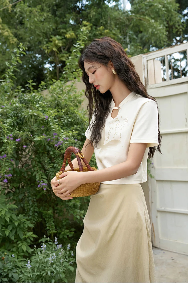 Mishow Chinese Stand Collar Ink Print Top & Pleated Skirt Set MXD27T0272