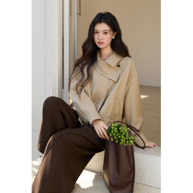 MISHOW Khaki Cropped Jacket Asymmetrical Collar Drawstring Waist MXF11W1029