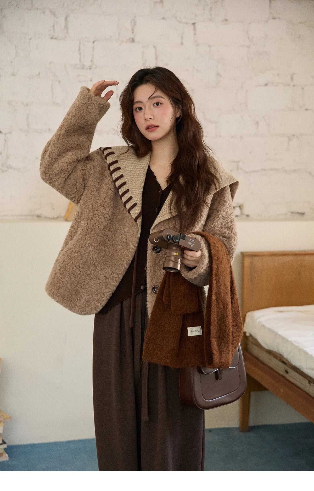 MISHOW Brown Wide-Leg Pants Thickened Drawstring Waistband MXE87K1126