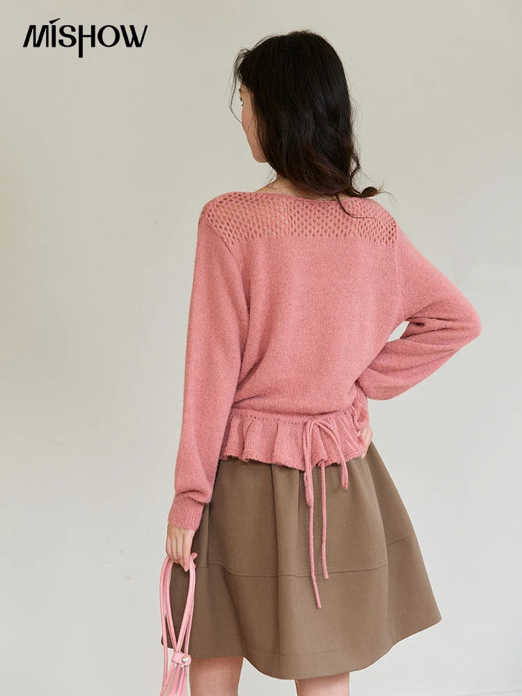 Mishow Pink Hollow Floral Ruffled Hem Sweater MXE94Z2865