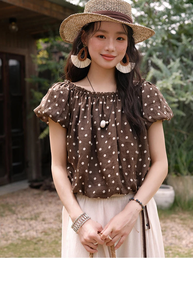 Mishow Polka Dot One Shoulder Puff Sleeve Top & Wide Leg Pants Set MXE38T0683