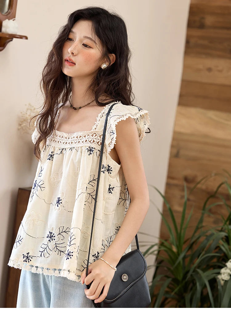 MISHOW Square Collar Embroidered Doll Blouse Flying Sleeve Lace Tassel MXE35X1839
