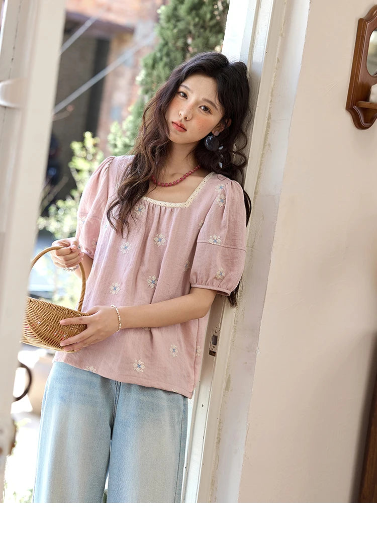MISHOW Pink Embroidered Linen Blouse Square Collar Lace Patchwork MXE35X1834