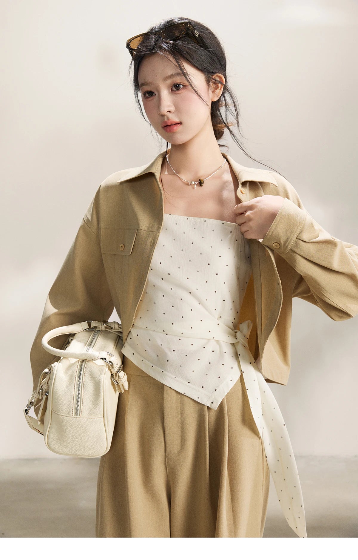Mishow Khaki Cropped Jacket & Polka Dot Vest & Wide Leg Pants Three-Piece Set MXF13T1478