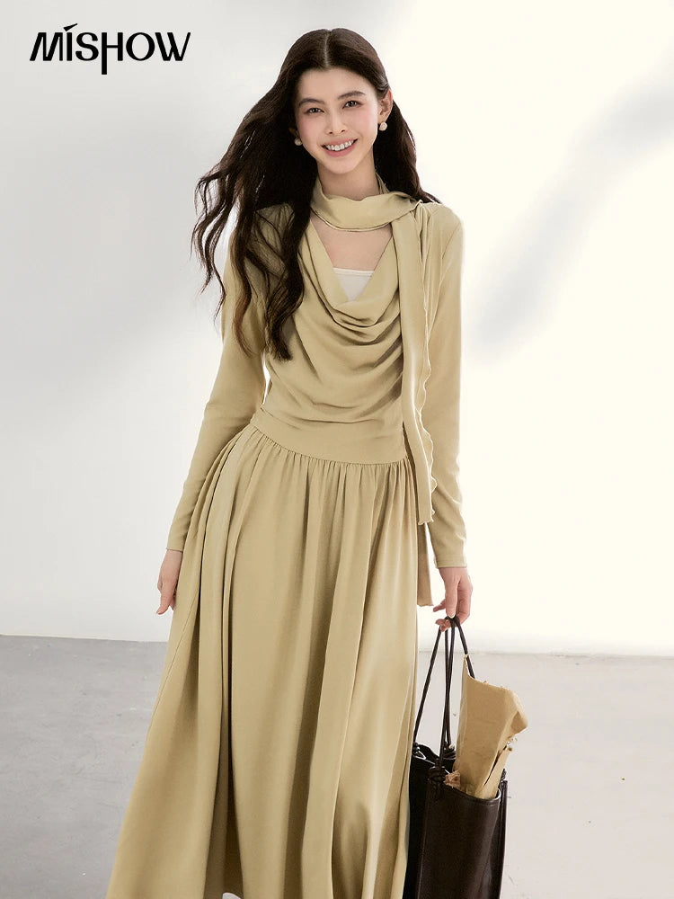 Mishow Khaki Swinging Collar Scarf Waist Dress MXF11L2552