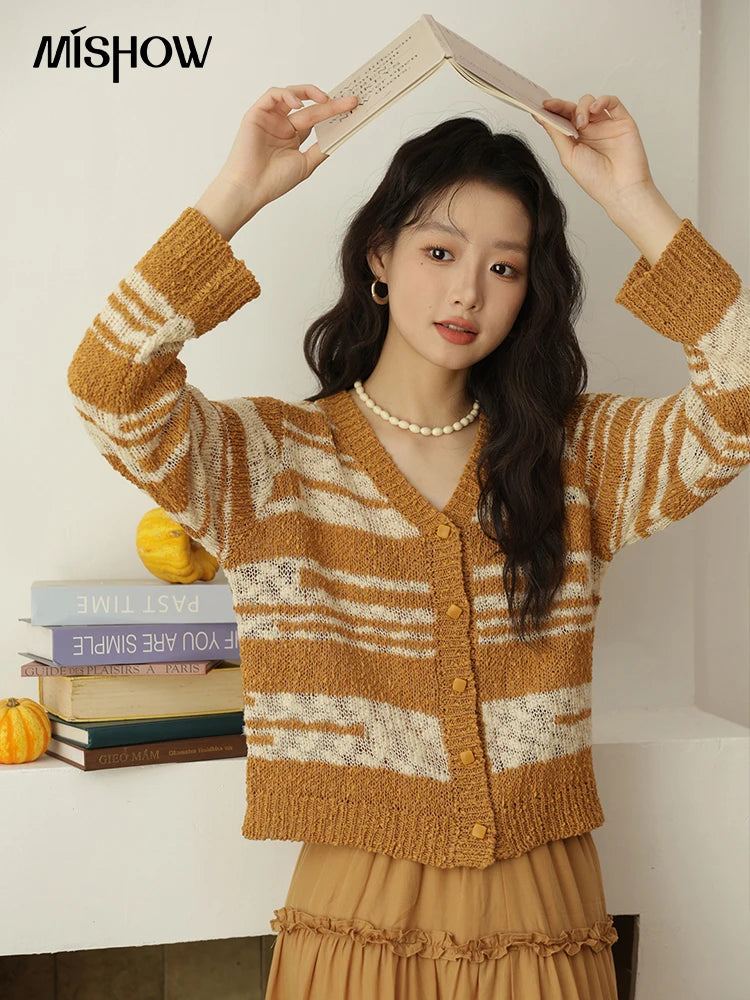 Mishow Retro Yellow Striped V-Neck Cardigan MXE44Z2516