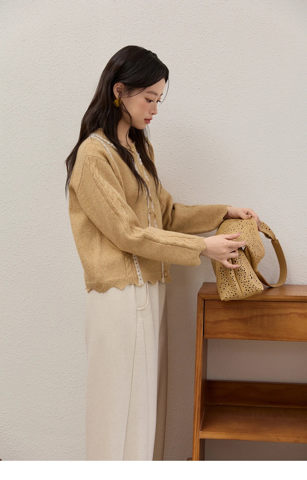 Mishow Yellow Lace Stitching Cable Knit Cardigan MXE51Z2546