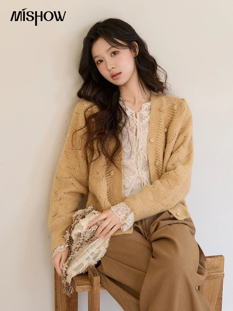 Mishow Hollow-out V-Neck Bobble Knit Cardigan MXF108Z1020