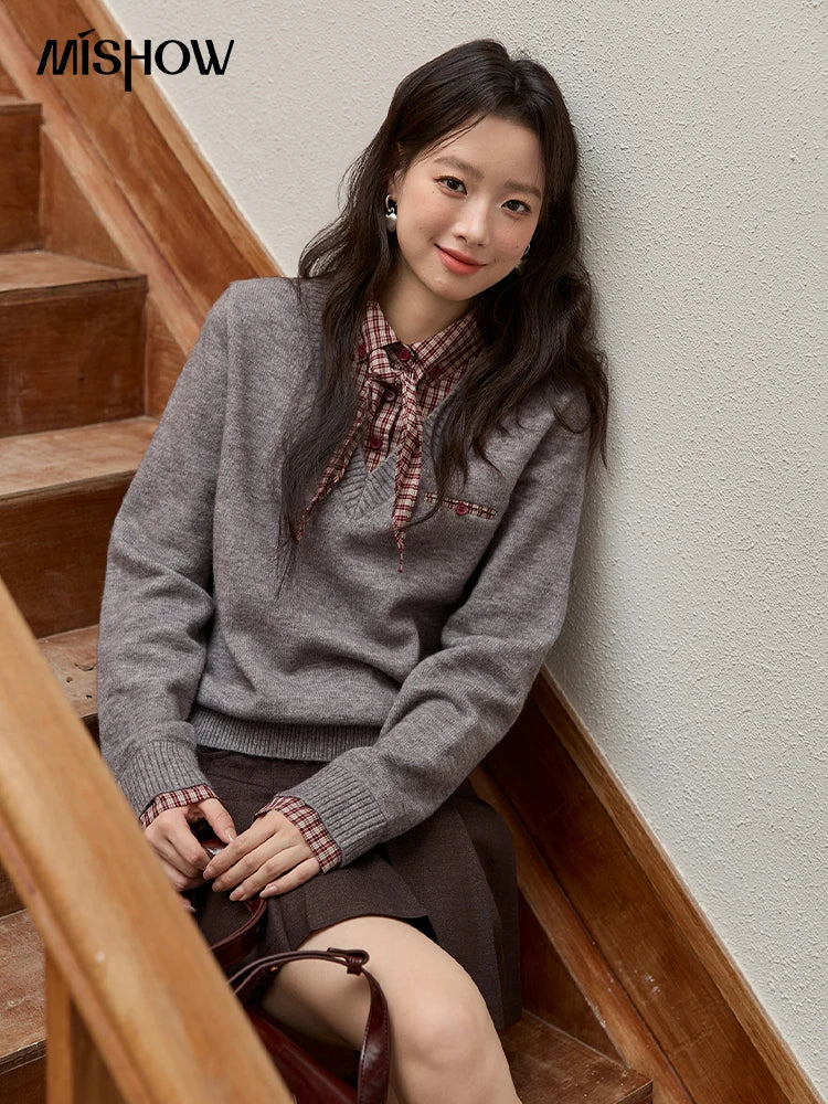 Mishow Fake Two-Piece Plaid Turn-Down Collar Sweater MXE89Z2605