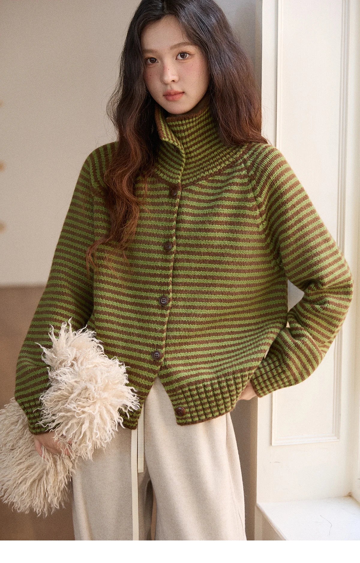 Mishow Striped Stand Collar Raglan Cardigan MXE88Z2690