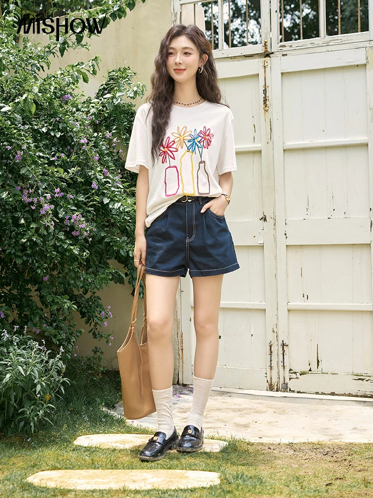 Mishow Embroidered Flower Pocket Wide Leg Denim Shorts MXD26K0707