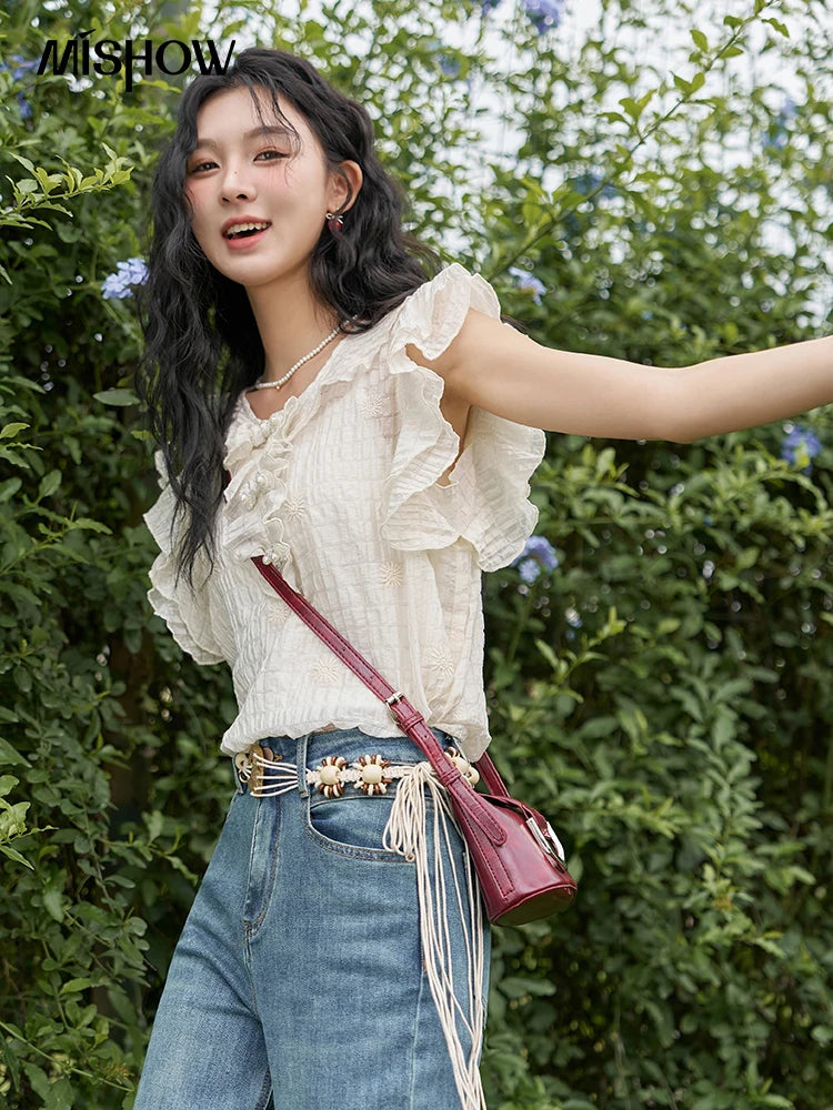 MISHOW Chinese Button Up Blouse Flying Sleeve with Camisole MXD21X1374