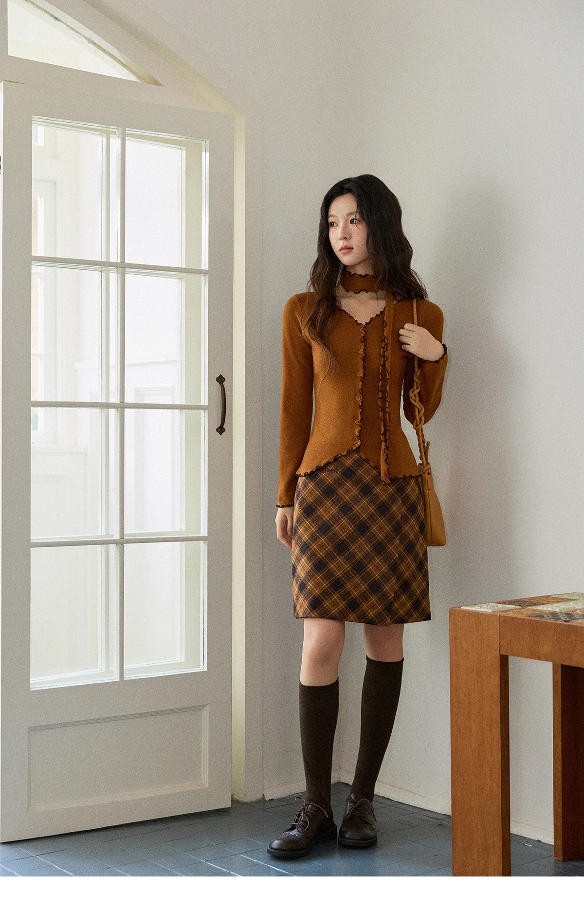 Mishow Ruffled Edge V-Neck Ribbon Knit Pullover MXE86Z2728