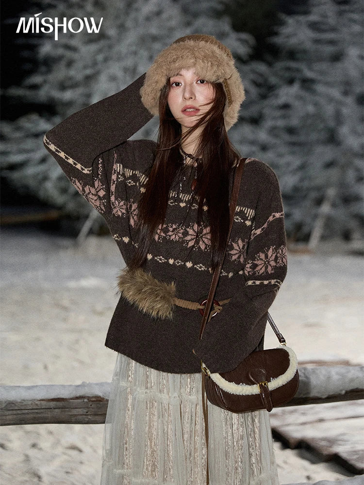Mishow Brown Snowflake Jacquard Crew Neck Pullover MXE86Z2655