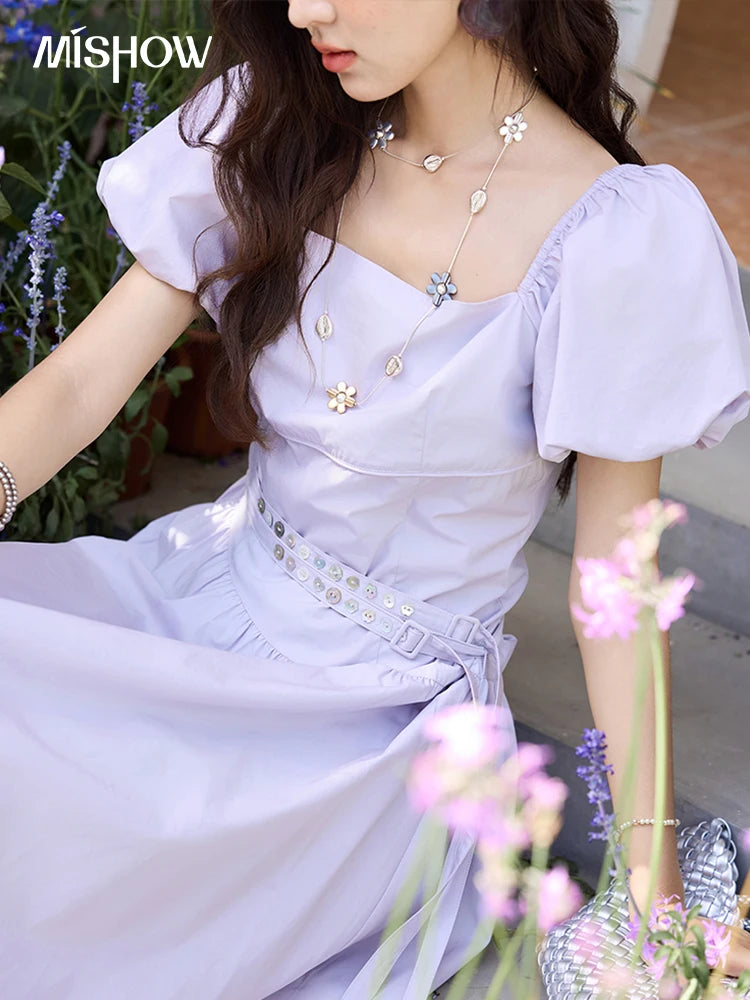 Mishow French Purple Puff Sleeve Square Neck Dress MXE34L2222