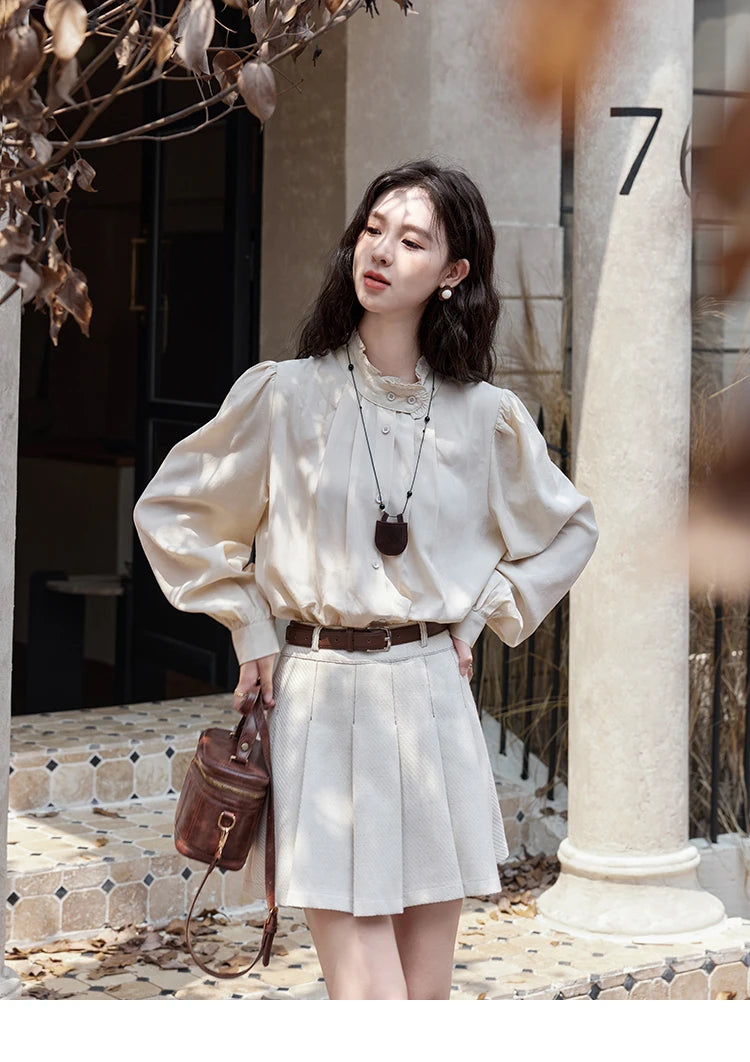 Mishow French Apricot Stand Collar Shirt & Pleated Mini Skirt Set MXD48C0365