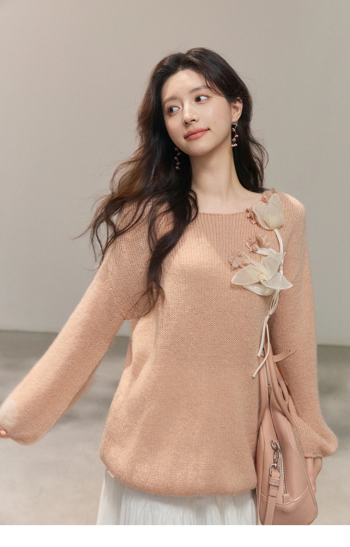 Mishow Pinkish Beige 3D Floral Applique Crew Neck Sweater MXE47Z2649