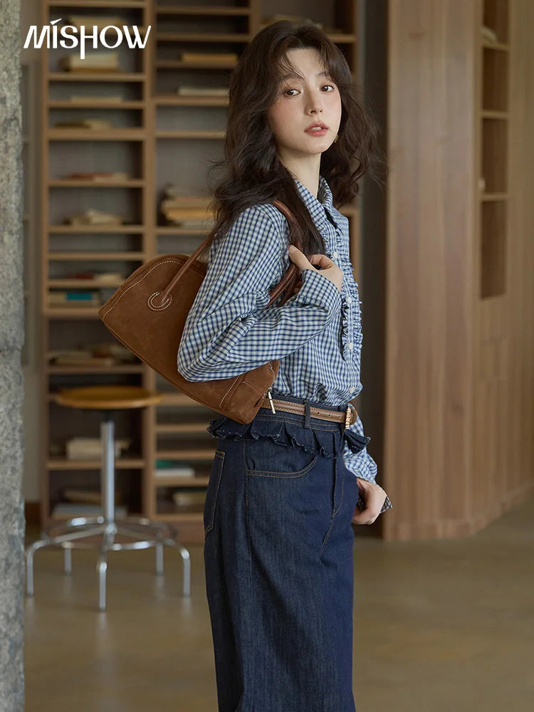 MISHOW Blue Plaid Cotton Shirt Doll Collar Dropped Shoulder MXE44C2391