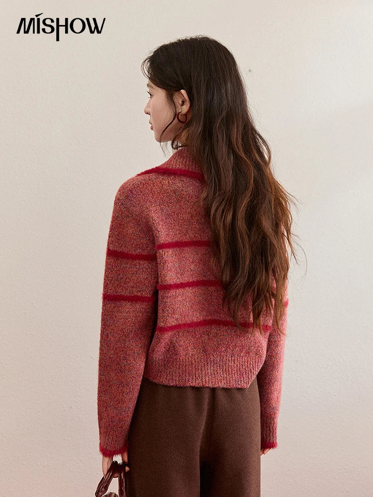 Mishow Red Striped Large Lapel Fleece Cardigan MXE94Z2888
