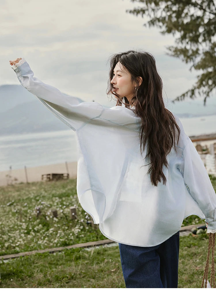MISHOW Blue Hollow Embroidery Blouse Long Sleeve MXE31C0775