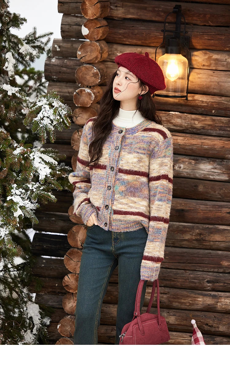 Mishow Striped Contrast Color O-Neck Cardigan MXD59Z1061