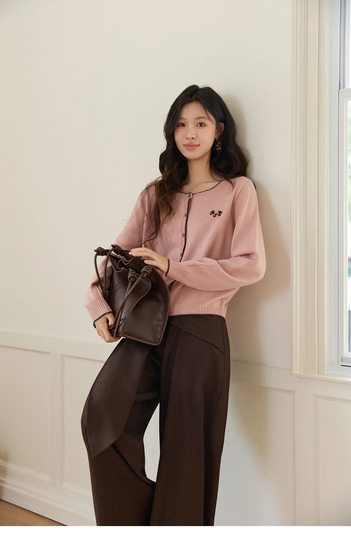 Mishow Pink Contrast Trim Pony Decoration Cardigan MXF108Z1023