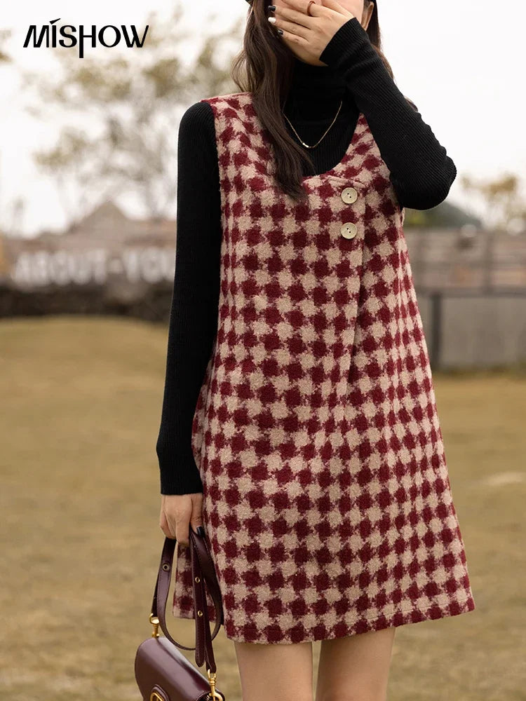 Mishow Plaid V-Neck Sleeveless Woolen Vest Dress MXB47L1332