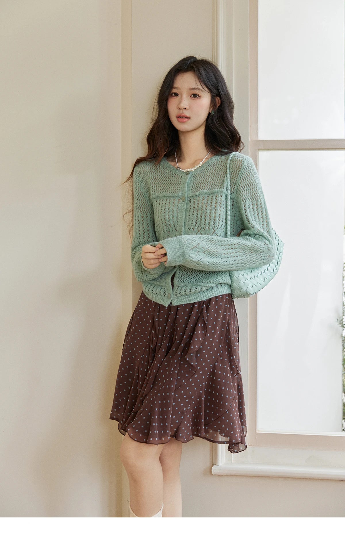 Mishow Mint Green Crew Neck Hollow Cardigan MXF108Z1046