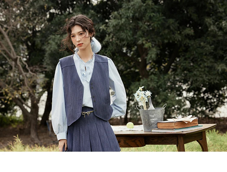 Mishow V-Neck Vest Coat & Pleated A-Line Skirt Set MXE31T0505